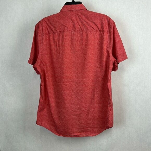 Perry Ellis Mens Button Front Shirt Sz Large Orange-Red w/White Dots Short Sleev - Picture 3 of 6